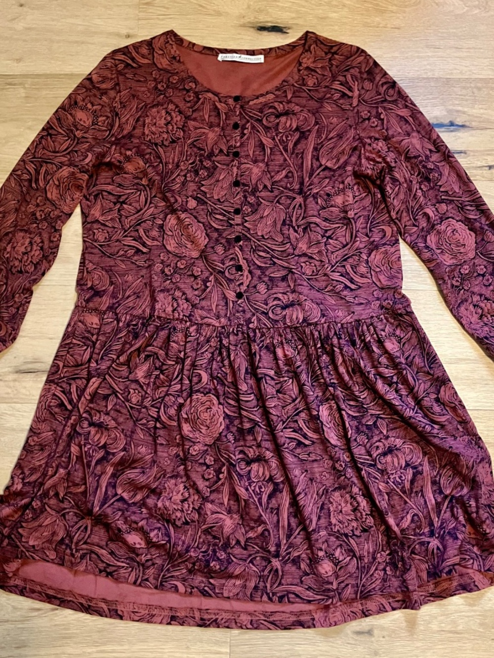 Peruvian Connection Small Woodcut Tunic Dress Rust Floral